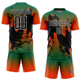 Custom Kelly Green Black Orange-White Gradient Splash Sublimation Soccer Uniform Jersey
