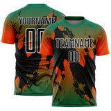 Custom Kelly Green Black Orange-White Gradient Splash Sublimation Soccer Uniform Jersey