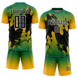 Custom Kelly Green Black Gold-White Gradient Splash Sublimation Soccer Uniform Jersey