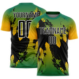 Custom Kelly Green Black Gold-White Gradient Splash Sublimation Soccer Uniform Jersey