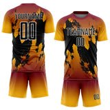 Custom Crimson Black Gold-White Gradient Splash Sublimation Soccer Uniform Jersey