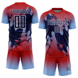 Custom Red Navy Light Blue-White Gradient Splash Sublimation Soccer Uniform Jersey