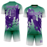 Custom Kelly Green Purple-White Gradient Splash Sublimation Soccer Uniform Jersey