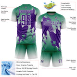 Custom Kelly Green Purple-White Gradient Splash Sublimation Soccer Uniform Jersey