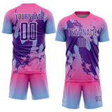 Custom Pink Purple Light Blue-White Gradient Splash Sublimation Soccer Uniform Jersey