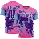 Custom Pink Purple Light Blue-White Gradient Splash Sublimation Soccer Uniform Jersey