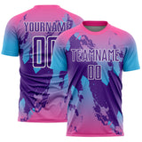 Custom Pink Purple Sky Blue-White Gradient Splash Sublimation Soccer Uniform Jersey