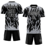 Custom Black Gray-White Splatter Torn Sharp Brush Stroke Sublimation Soccer Uniform Jersey