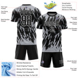Custom Black Gray-White Splatter Torn Sharp Brush Stroke Sublimation Soccer Uniform Jersey