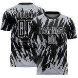 Custom Black Gray-White Splatter Torn Sharp Brush Stroke Sublimation Soccer Uniform Jersey