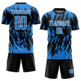Custom Black Powder Blue-White Splatter Torn Sharp Brush Stroke Sublimation Soccer Uniform Jersey