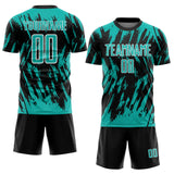 Custom Black Aqua-White Splatter Torn Sharp Brush Stroke Sublimation Soccer Uniform Jersey