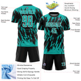 Custom Black Aqua-White Splatter Torn Sharp Brush Stroke Sublimation Soccer Uniform Jersey