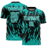 Custom Black Aqua-White Splatter Torn Sharp Brush Stroke Sublimation Soccer Uniform Jersey