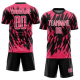 Custom Black Neon Pink-White Splatter Torn Sharp Brush Stroke Sublimation Soccer Uniform Jersey