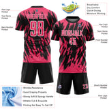 Custom Black Neon Pink-White Splatter Torn Sharp Brush Stroke Sublimation Soccer Uniform Jersey