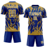 Custom Royal Old Gold-White Splatter Torn Sharp Brush Stroke Sublimation Soccer Uniform Jersey