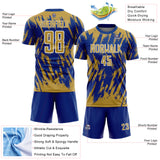 Custom Royal Old Gold-White Splatter Torn Sharp Brush Stroke Sublimation Soccer Uniform Jersey