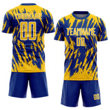 Custom Royal Yellow-White Splatter Torn Sharp Brush Stroke Sublimation Soccer Uniform Jersey