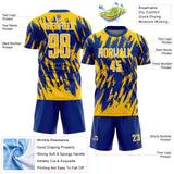 Custom Royal Yellow-White Splatter Torn Sharp Brush Stroke Sublimation Soccer Uniform Jersey