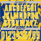Custom Royal Yellow-White Splatter Torn Sharp Brush Stroke Sublimation Soccer Uniform Jersey