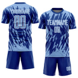 Custom Royal Light Blue-White Splatter Torn Sharp Brush Stroke Sublimation Soccer Uniform Jersey