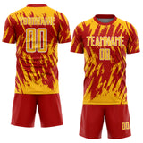 Custom Red Gold-White Splatter Torn Sharp Brush Stroke Sublimation Soccer Uniform Jersey