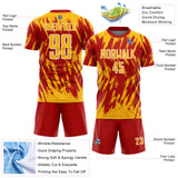 Custom Red Gold-White Splatter Torn Sharp Brush Stroke Sublimation Soccer Uniform Jersey