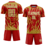 Custom Red Old Gold-White Splatter Torn Sharp Brush Stroke Sublimation Soccer Uniform Jersey