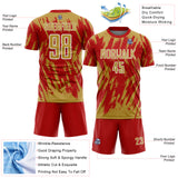 Custom Red Old Gold-White Splatter Torn Sharp Brush Stroke Sublimation Soccer Uniform Jersey
