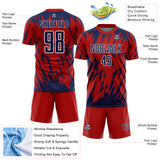 Custom Red Navy-White Splatter Torn Sharp Brush Stroke Sublimation Soccer Uniform Jersey