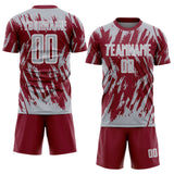 Custom Crimson Gray-White Splatter Torn Sharp Brush Stroke Sublimation Soccer Uniform Jersey