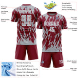 Custom Crimson Gray-White Splatter Torn Sharp Brush Stroke Sublimation Soccer Uniform Jersey