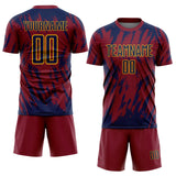 Custom Crimson Navy-Gold Splatter Torn Sharp Brush Stroke Sublimation Soccer Uniform Jersey