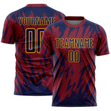 Custom Crimson Navy-Gold Splatter Torn Sharp Brush Stroke Sublimation Soccer Uniform Jersey