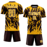 Custom Brown Gold-White Splatter Torn Sharp Brush Stroke Sublimation Soccer Uniform Jersey