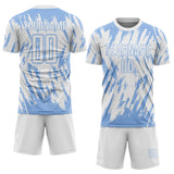 Custom White-Light Blue Splatter Torn Sharp Brush Stroke Sublimation Soccer Uniform Jersey