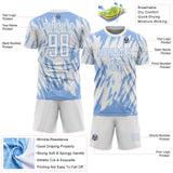 Custom White-Light Blue Splatter Torn Sharp Brush Stroke Sublimation Soccer Uniform Jersey