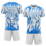 Custom White-Powder Blue Splatter Torn Sharp Brush Stroke Sublimation Soccer Uniform Jersey