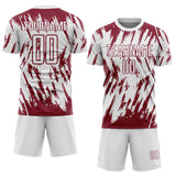 Custom White-Crimson Splatter Torn Sharp Brush Stroke Sublimation Soccer Uniform Jersey