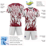 Custom White-Crimson Splatter Torn Sharp Brush Stroke Sublimation Soccer Uniform Jersey