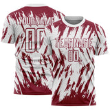 Custom White-Crimson Splatter Torn Sharp Brush Stroke Sublimation Soccer Uniform Jersey