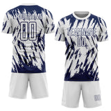 Custom White-Navy Splatter Torn Sharp Brush Stroke Sublimation Soccer Uniform Jersey