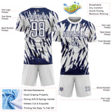 Custom White-Navy Splatter Torn Sharp Brush Stroke Sublimation Soccer Uniform Jersey