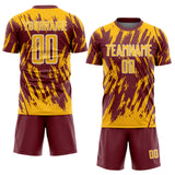Custom Burgundy Gold-White Splatter Torn Sharp Brush Stroke Sublimation Soccer Uniform Jersey