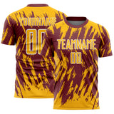 Custom Burgundy Gold-White Splatter Torn Sharp Brush Stroke Sublimation Soccer Uniform Jersey