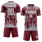 Custom Burgundy Gray-White Splatter Torn Sharp Brush Stroke Sublimation Soccer Uniform Jersey