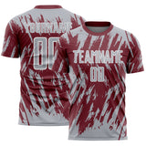 Custom Burgundy Gray-White Splatter Torn Sharp Brush Stroke Sublimation Soccer Uniform Jersey