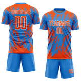 Custom Powder Blue Orange-White Splatter Torn Sharp Brush Stroke Sublimation Soccer Uniform Jersey