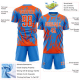 Custom Powder Blue Orange-White Splatter Torn Sharp Brush Stroke Sublimation Soccer Uniform Jersey